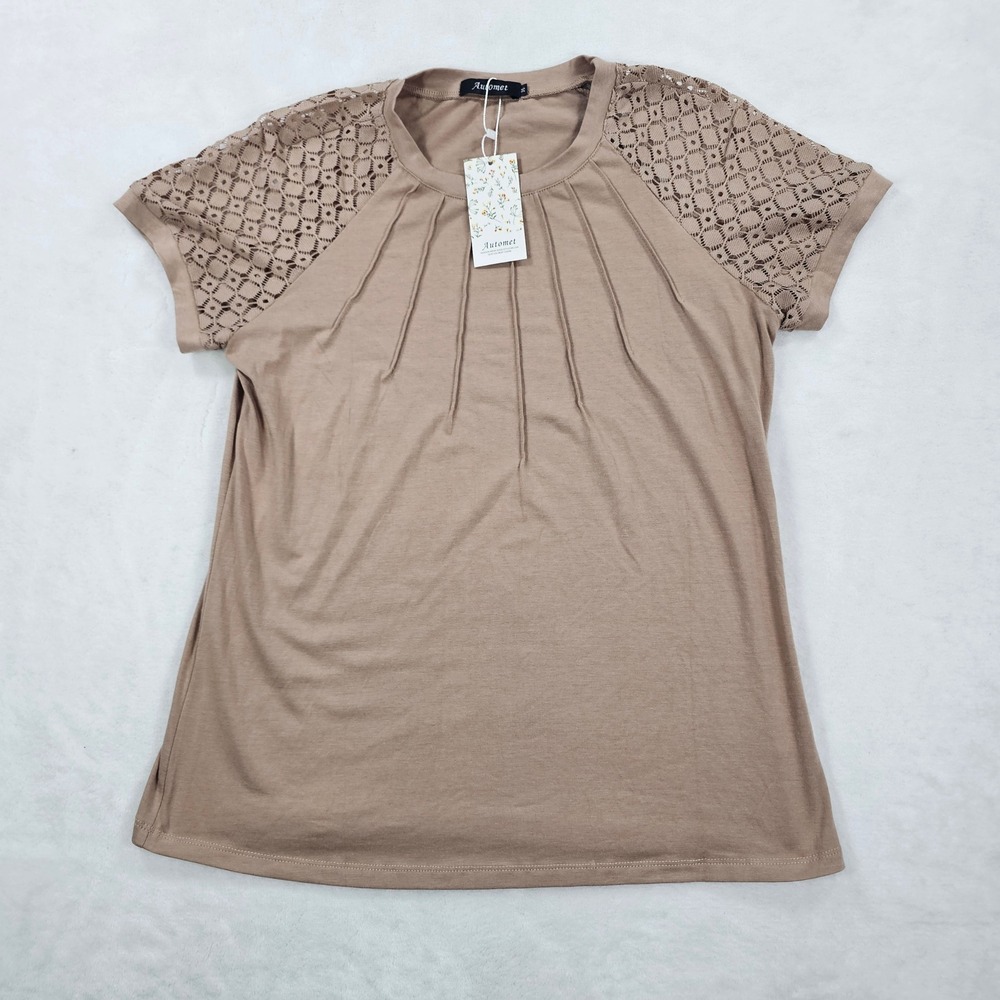 Automet Womens Tan Crochet Lace Raglan Sleeve Pleated Blouse Top EZau346 Size M